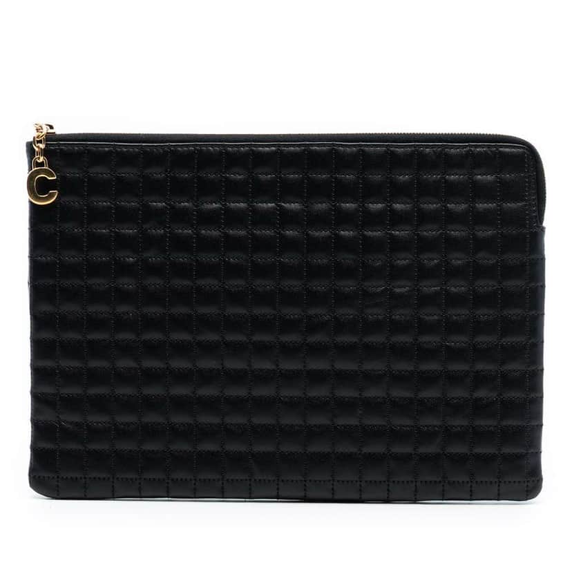 Celine Quilted Calfskin C Charm Pouch Black Leather Very good condition - Front View