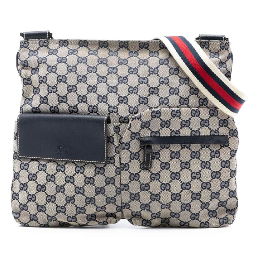 Gucci GG Canvas Web Double Pocket Crossbody Grey Canvas Good condition - Front View