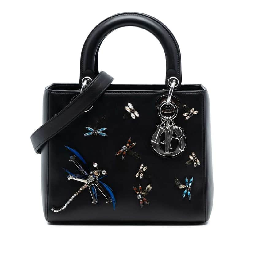 Dior Medium Calfskin Dragonfly Embellished Lady Dior Black Leather Very good condition - Front View
