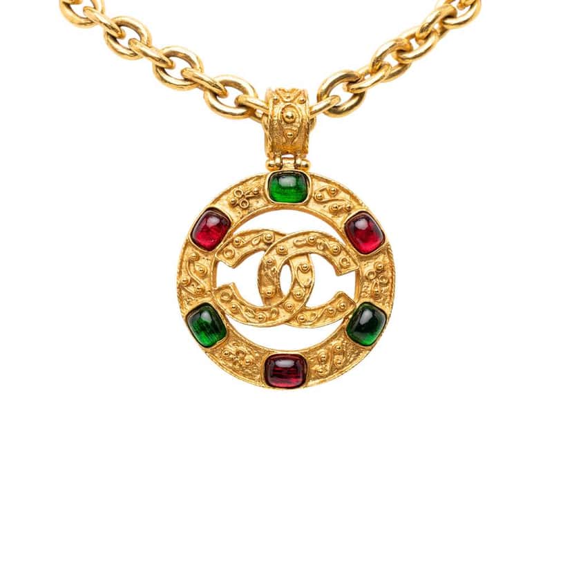 Chanel Gold Plated Gripoix CC Round Pendant Necklace Gold Metal Good condition - Front View