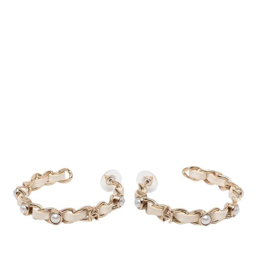 Chanel CC Leather Woven Gold Plated Chain Faux Pearl Hoop Push Back Earrings Gold Metal Good condition - Front View