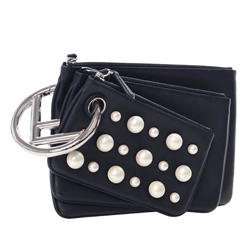 Fendi Leather Pearl Studded Triplette Clutch Black Leather Very good condition - Front View