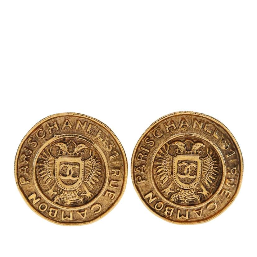 Chanel Gold Plated Rue Cambon Crest Clip On Earrings Gold Metal Very good condition - Front View