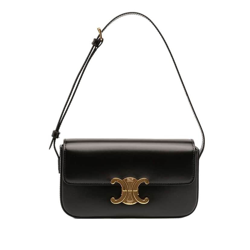 Celine Shiny Calfskin Triomphe Claude Shoulder Bag Black Leather Good condition - Front View