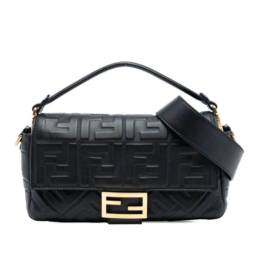 Fendi Zucca Embossed Leather Baguette Satchel Black Leather Good condition - Front View