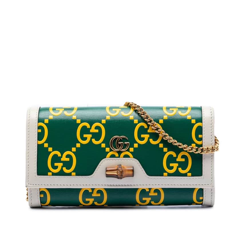 Gucci Bicolor Debossed GG Azalea Calfskin Bamboo Diana Wallet on Chain Green Leather Very good condition - Front View