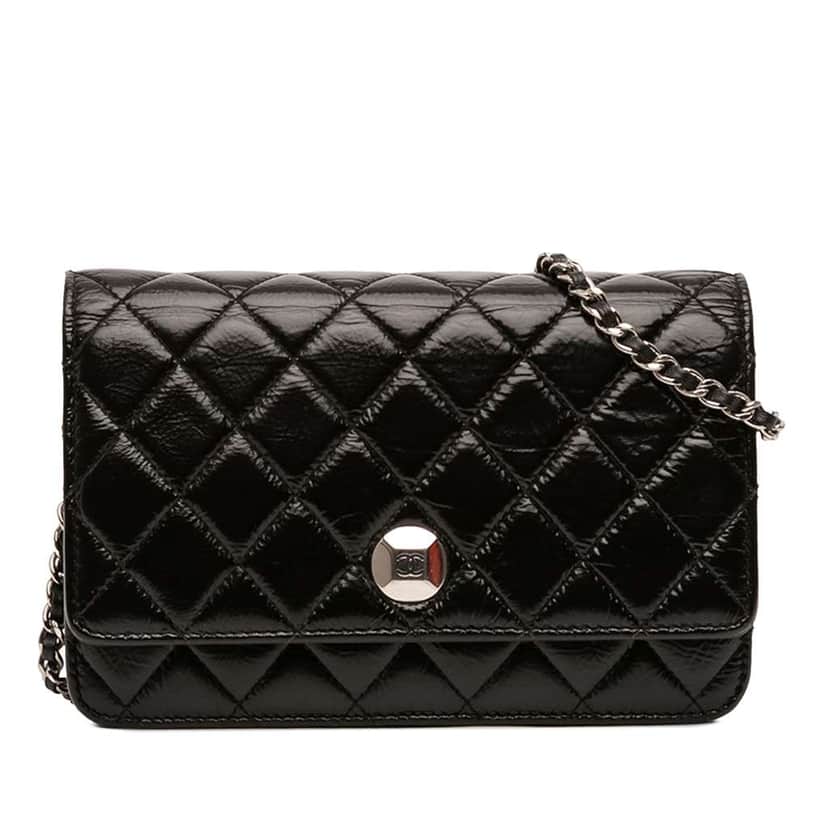 Chanel CC Quilted Crinkled Patent Wallet On Chain Black Leather Very good condition - Front View