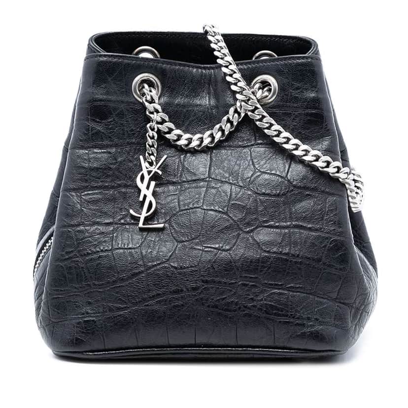 Saint Laurent Baby Crocodile Embossed Calfskin Emmanuelle Bucket Bag Black Leather Good condition - Front View