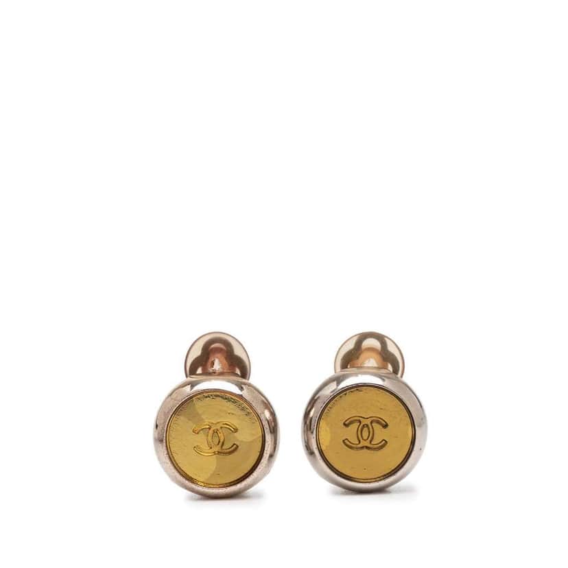 Chanel Gold Plated and Silver Plated CC Round Clip On Earrings Gold Metal Very good condition - Front View