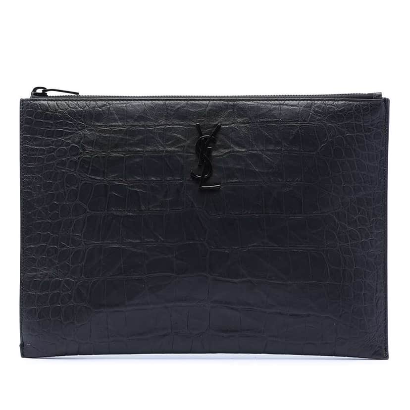 Saint Laurent Croc Embossed Leather Monogram Document Holder Black Leather Very good condition - Front View