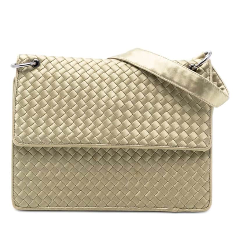 Bottega Veneta Satin Intrecciato Flap Shoulder Bag Gold Satin Very good condition - Front View