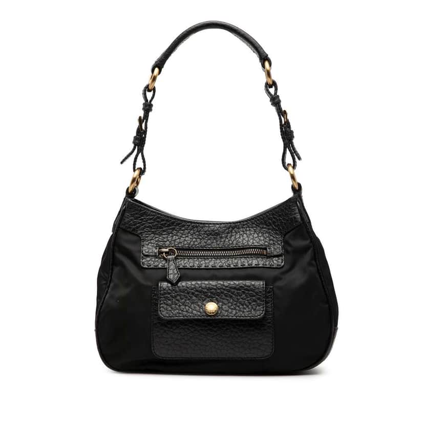 Prada Vitello Daino Trimmed Tessuto Shoulder Bag Black Very good condition - Front View