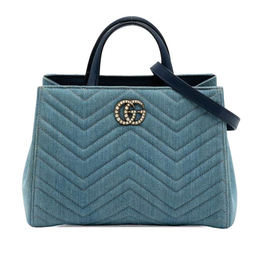 Gucci Small GG Marmont Matelasse Denim Pearly Satchel Blue Denim Very good condition - Front View