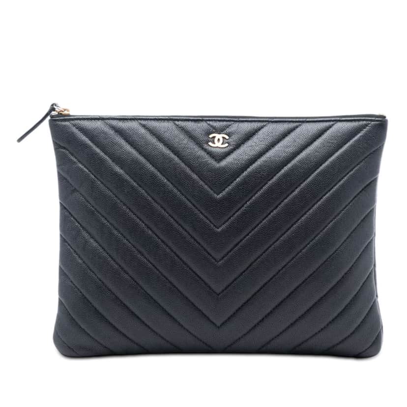 Chanel Medium CC Chevron Caviar O Case Clutch Black Leather Good condition - Front View