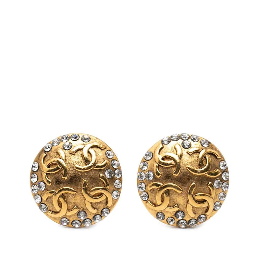 Chanel Gold Plated CC Crystal Round Clip On Earrings Gold Metal Very good condition - Front View