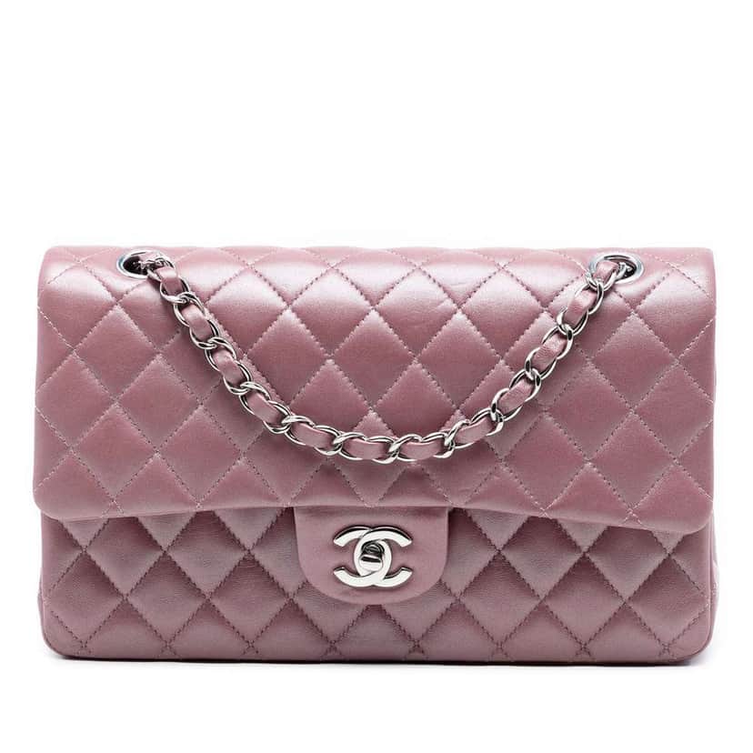 Chanel Medium Metallic Classic Lambskin Double Flap Pink Leather Good condition - Front View