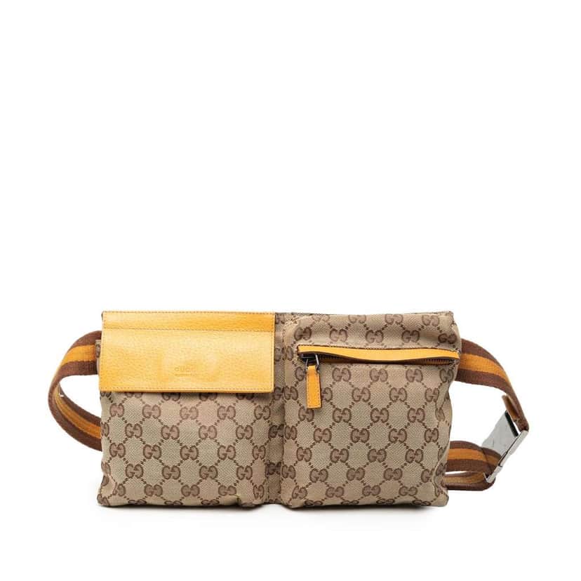 Gucci GG Canvas Web Double Pocket Belt Bag Brown Canvas Good condition - Front View