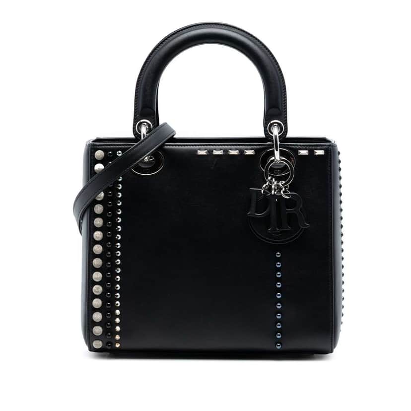 Dior Medium Lambskin Studded Crystal Pearl Lady Dior Black Leather Good condition - Front View