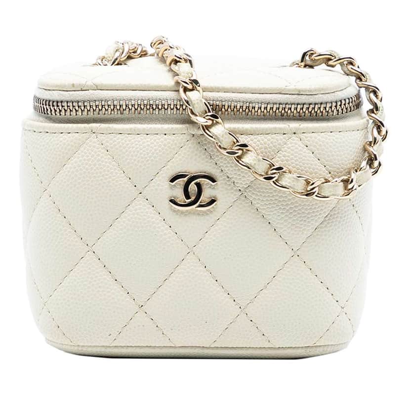 Chanel Mini CC Quilted Caviar Vanity Case with Chain White Leather Very good condition - Front View