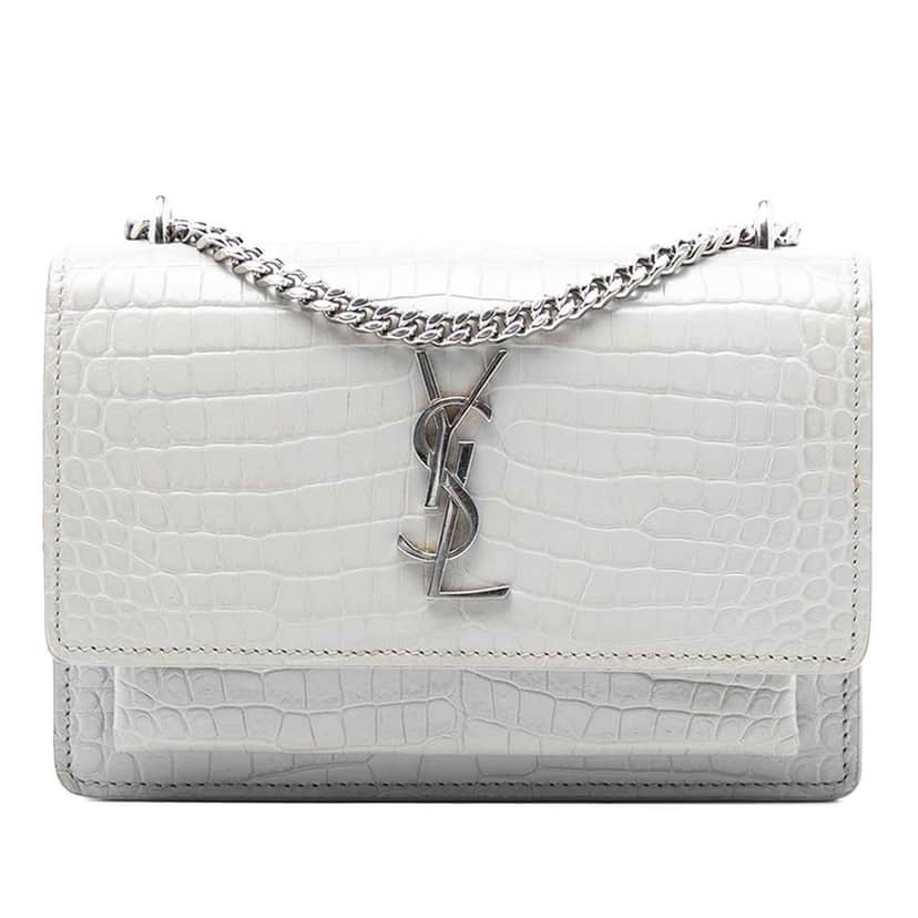 Saint Laurent Mini Croc Embossed Leather Monogram Sunset Wallet on Chain Grey Leather Very good condition - Front View