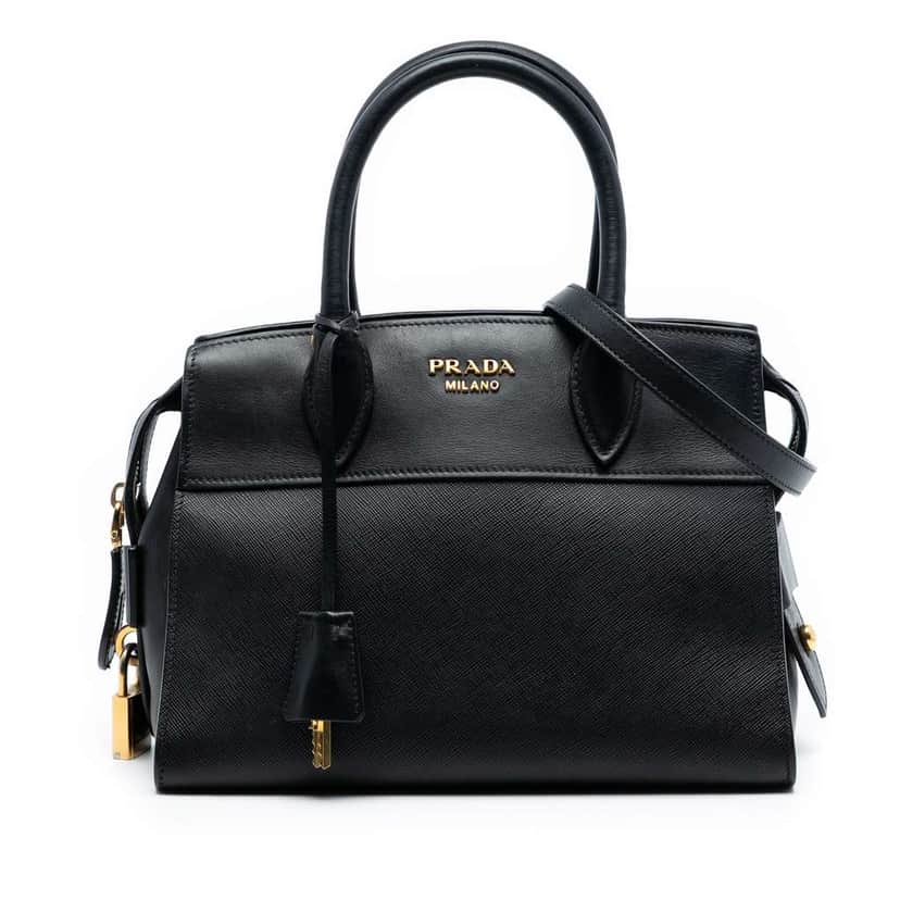 Prada Small Saffiano and City Calf Esplanade Satchel Black Leather Very good condition - Front View