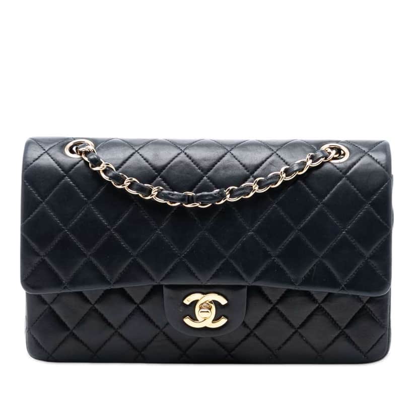 Chanel Medium Classic Lambskin Double Flap Black Leather Good condition - Front View
