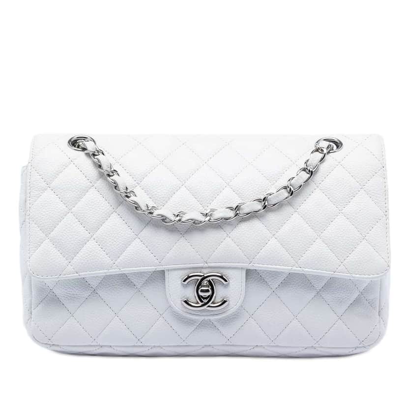Chanel Medium Classic Caviar Double Flap White Leather Very good condition - Front View