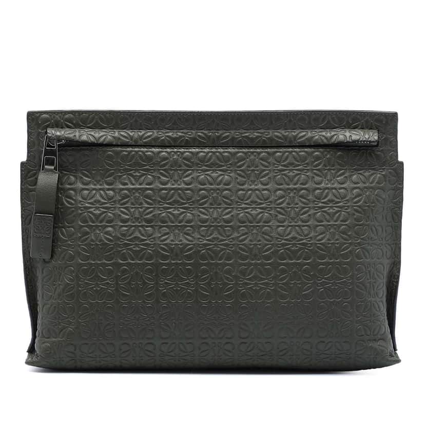 Loewe Embossed Leather Anagram Repeat T Clutch Green Leather Good condition - Front View