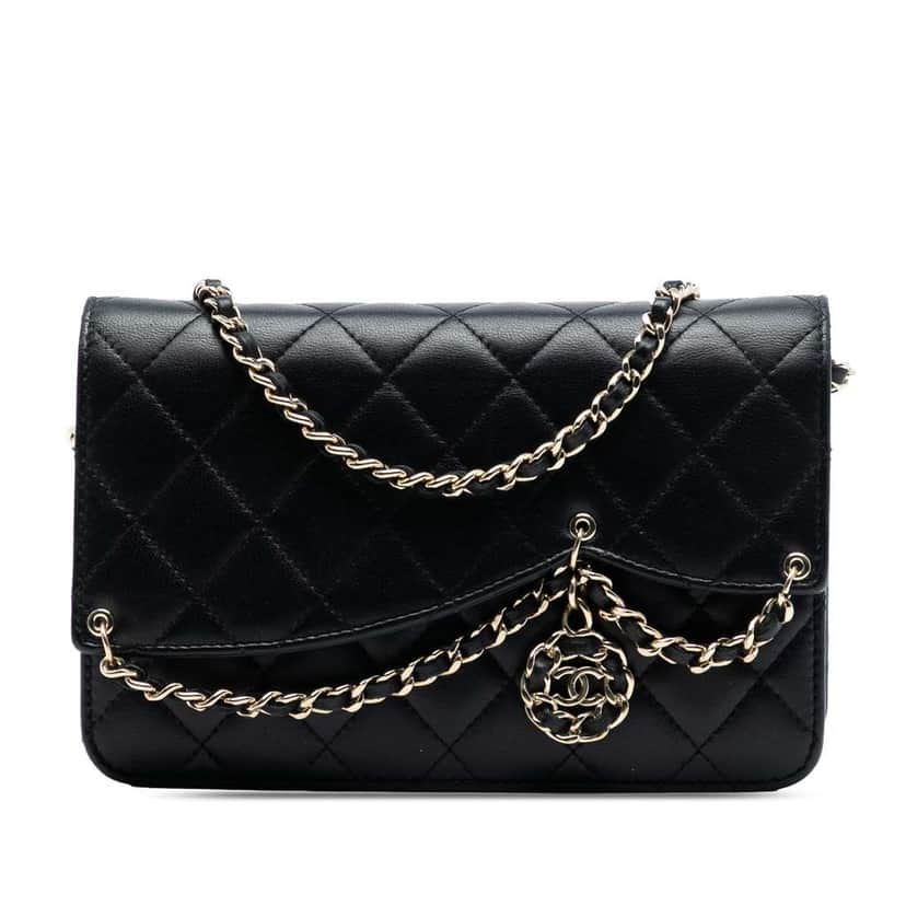 Chanel Quilted Lambskin CC Charm Wallet on Chain Black Leather Very good condition - Front View