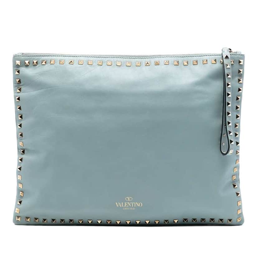 Valentino Large Leather Rockstud Clutch Blue Leather Very good condition - Front View