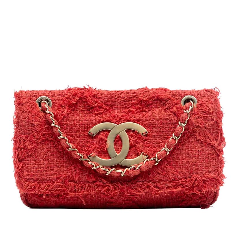 Chanel Medium Tweed Diamond Stitch Nature Flap Red Tweed Good condition - Front View