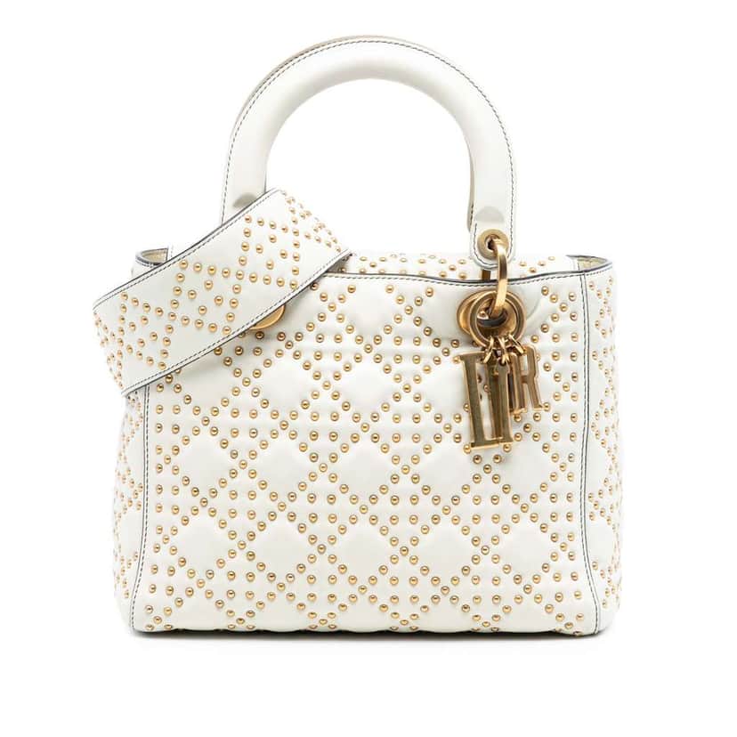 Dior Medium Lambskin Cannage Studded Supple Lady Dior White Leather Very good condition - Front View