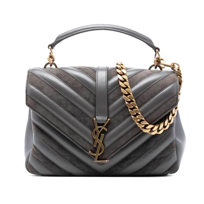 Saint Laurent Medium Calfskin and Suede Chevron Monogram College Satchel Grey Leather Good condition - Front View