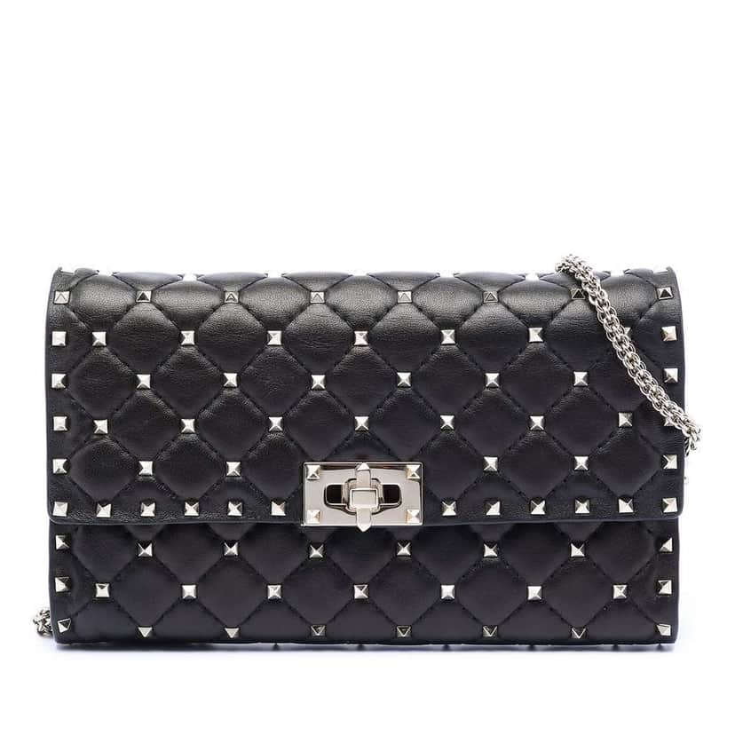 Valentino Nappa Rockstud Spike Wallet On Chain Black Leather Good condition - Front View
