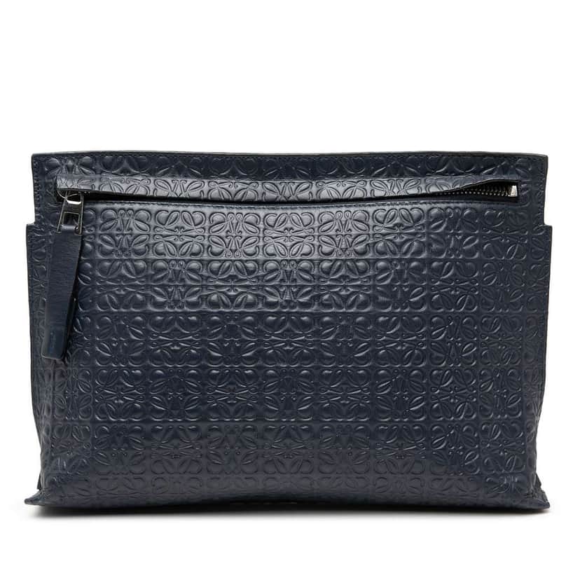 Loewe Embossed Anagram Leather Repeat T Clutch Blue Leather Very good condition - Front View