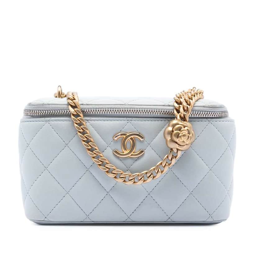 Chanel Small Quilted Lambskin Sweet Camellia Vanity Case with Chain Blue Leather Good condition - Front View