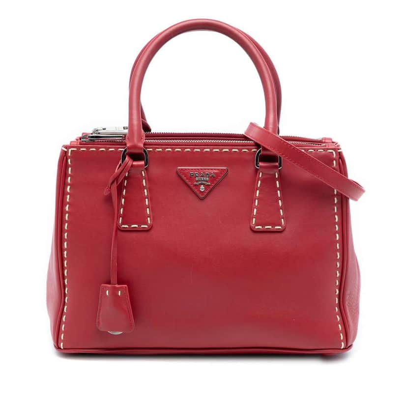 Prada Small City Calf Hand Stitched Galleria Double Zip Satchel Red Leather Very good condition - Front View