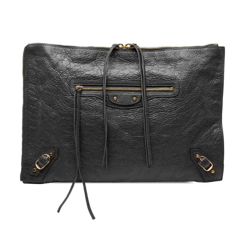 Balenciaga Lambskin Motocross Classic Zip Around Flat Clutch Black Leather Good condition - Front View