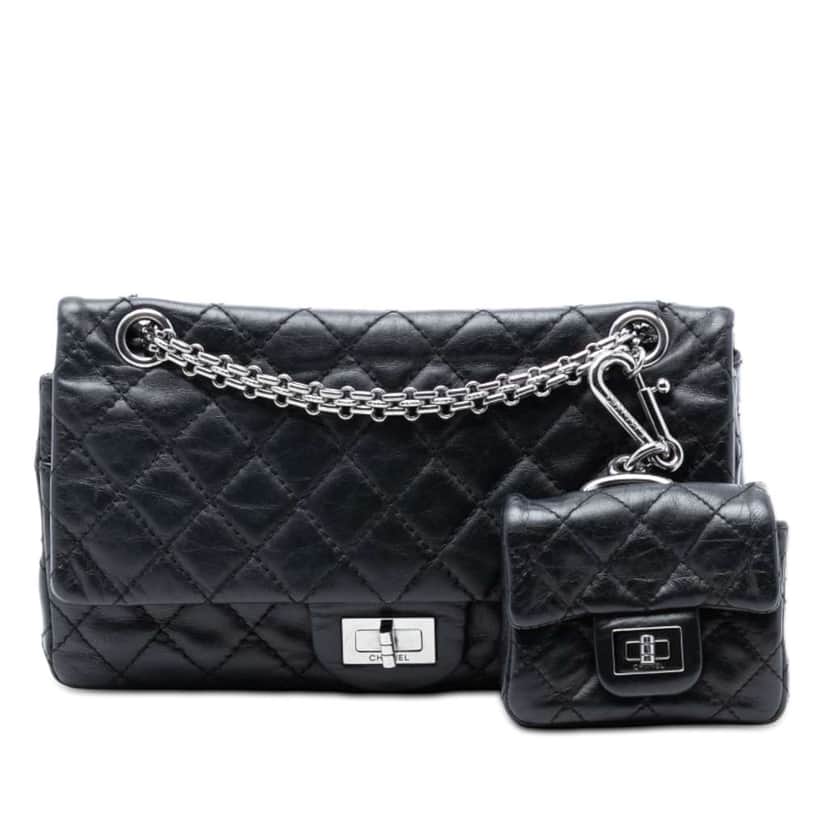 Chanel Quilted Aged Calfskin Reissue 2.55 Double Flap 225 with Mini Pouch Black Leather Good condition - Front View