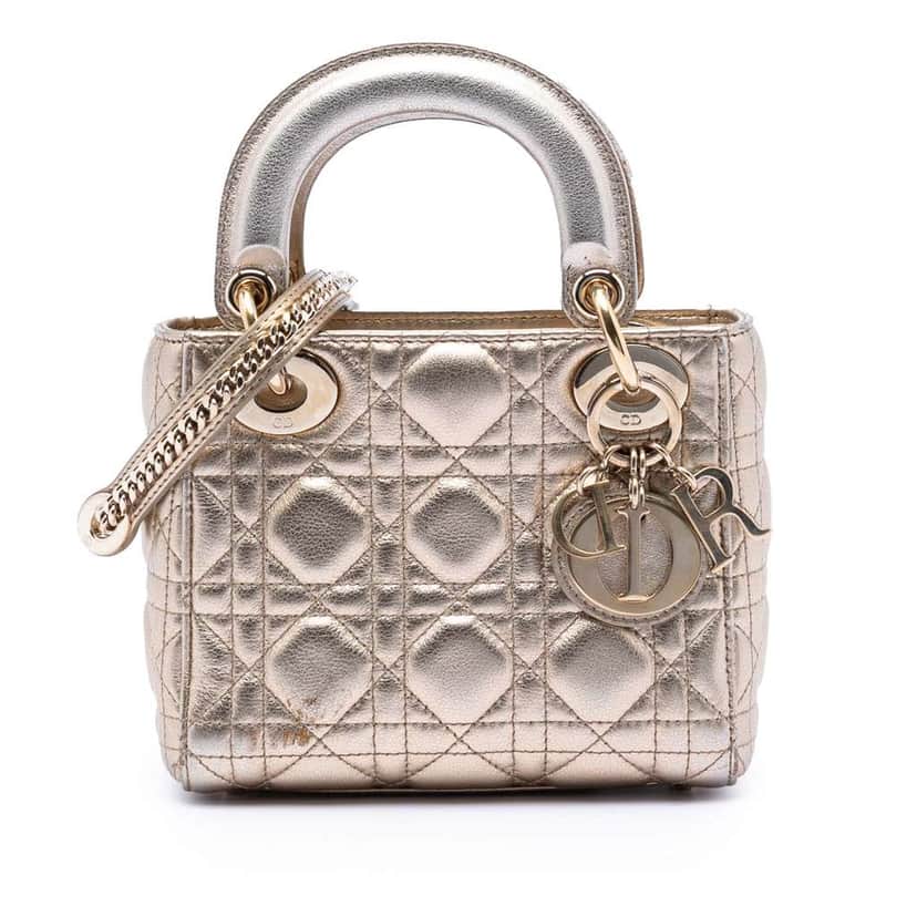 Dior Mini Metallic Lambskin Cannage Lady Dior Gold Leather Very good condition - Front View