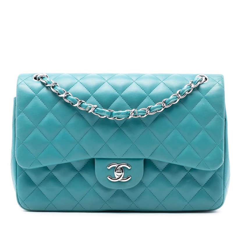 Chanel Jumbo Classic Lambskin Double Flap Blue Leather Very good condition - Front View