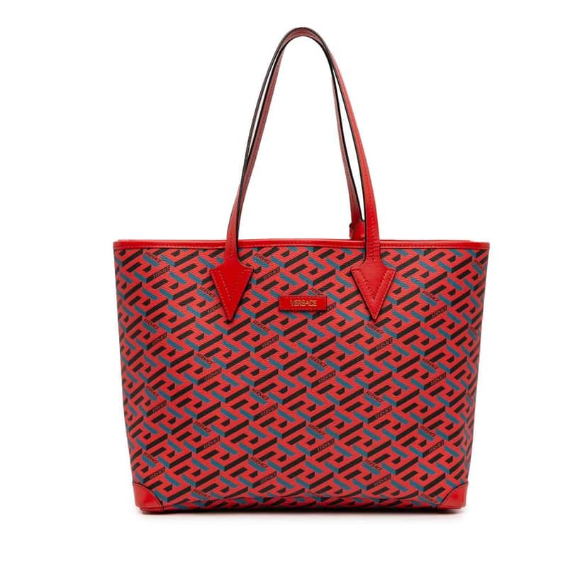 Versace Coated Canvas La Greca Tote Red Canvas Very good condition - Front View