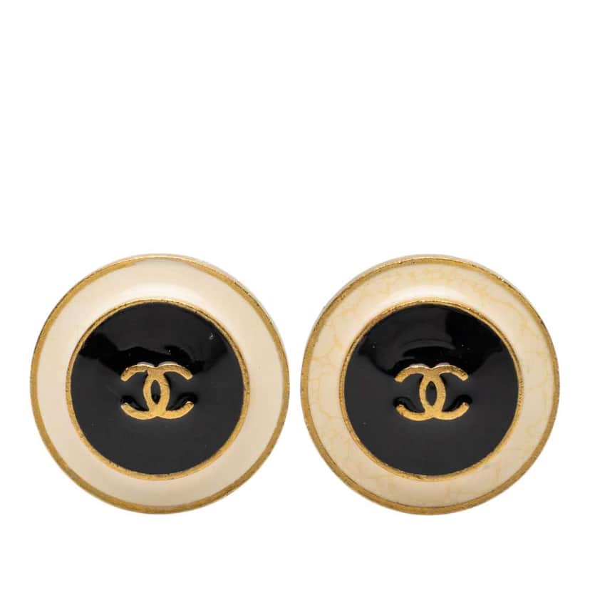 Chanel CC Gold Plated and Enamel Round Button Clip On Earrings Gold Metal Very good condition - Front View