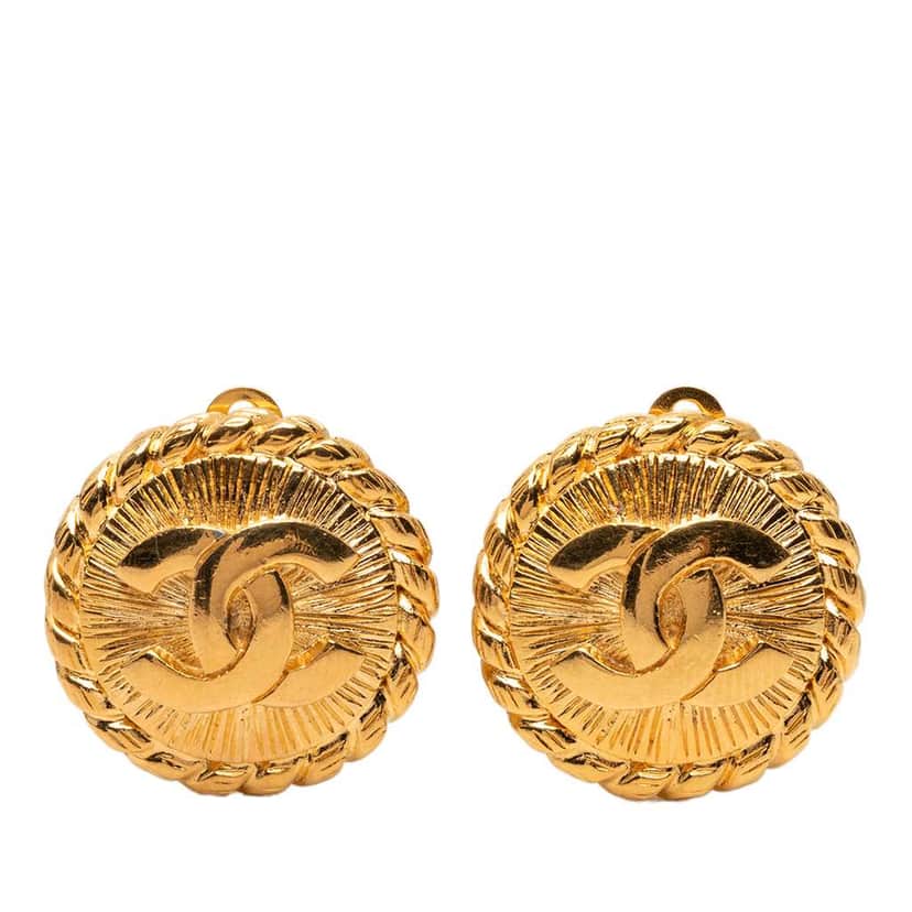 Chanel CC Gold Plated Round Clip On Earrings Gold Metal Good condition - Front View