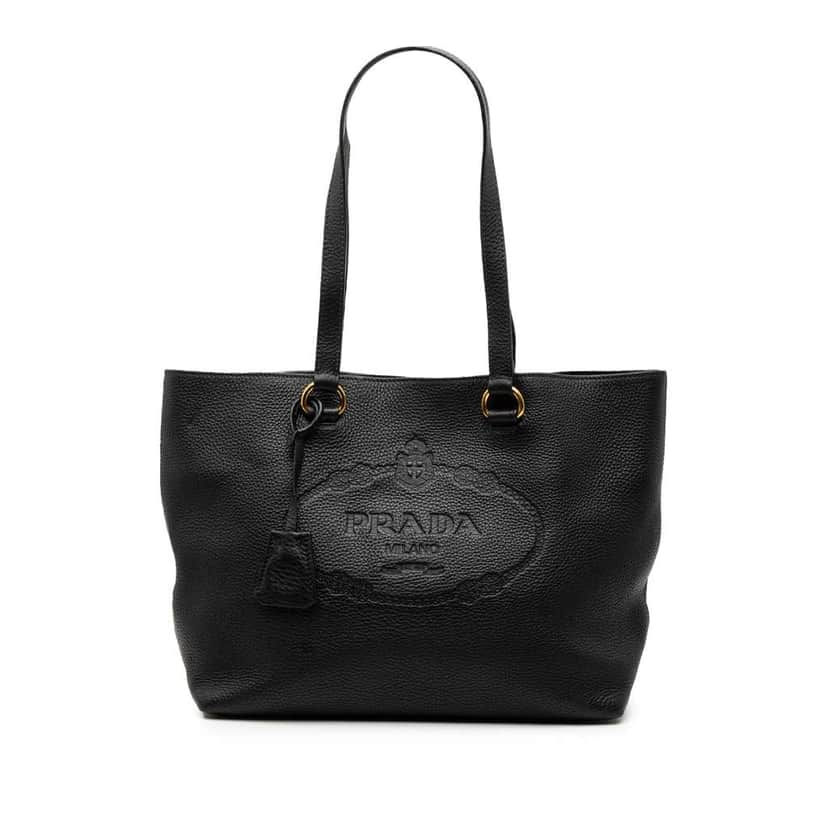 Prada Vitello Daino Embossed Logo Tote Black Leather Good condition - Front View