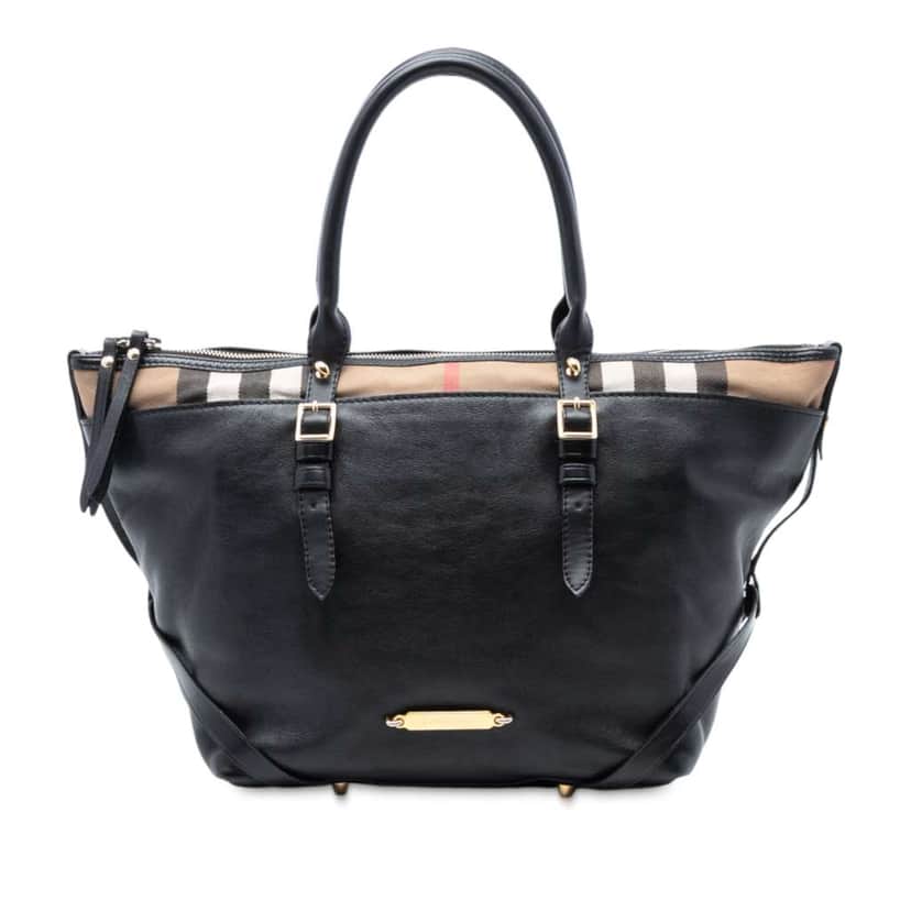 Burberry Small House Check Trimmed Leather Salisbury Tote Black Leather Very good condition - Front View