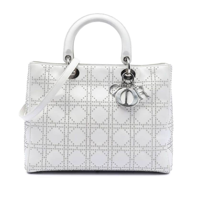 Dior Large Calfskin Cannage Studded Lady Dior White Leather Very good condition - Front View