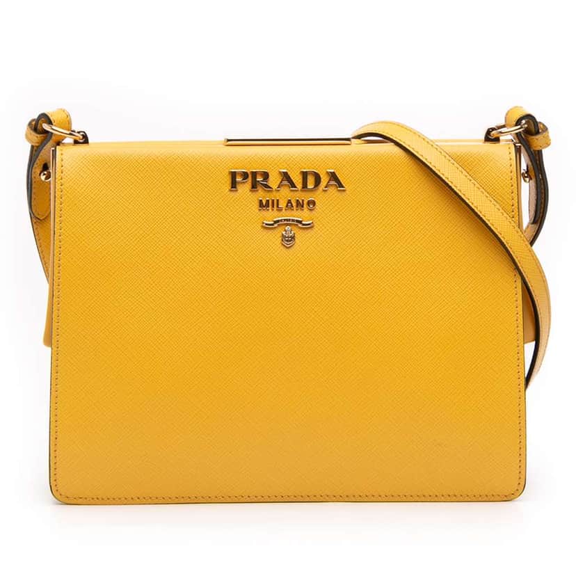 Prada Saffiano City Light Frame Crossbody Yellow Leather Very good condition - Front View