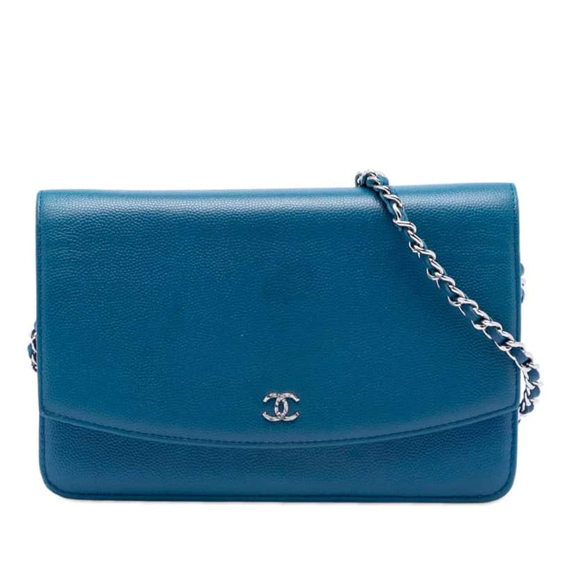 Chanel CC Caviar Sevruga Wallet On Chain Blue Leather Very good condition - Front View