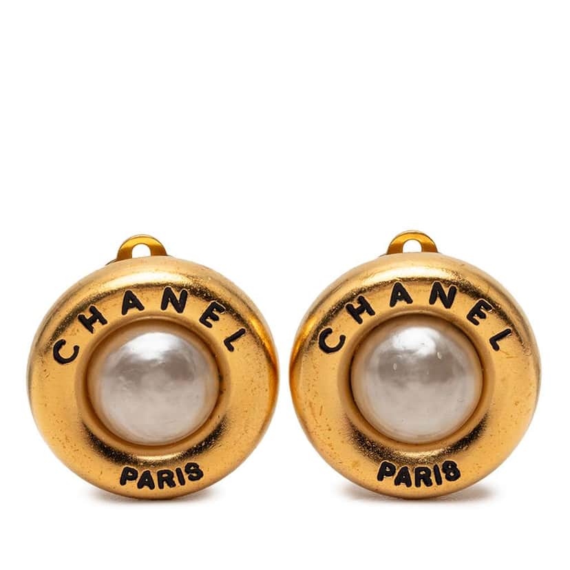 Chanel Gold Plated Faux Pearl Logo Round Clip On Earrings Gold Metal Very good condition - Front View